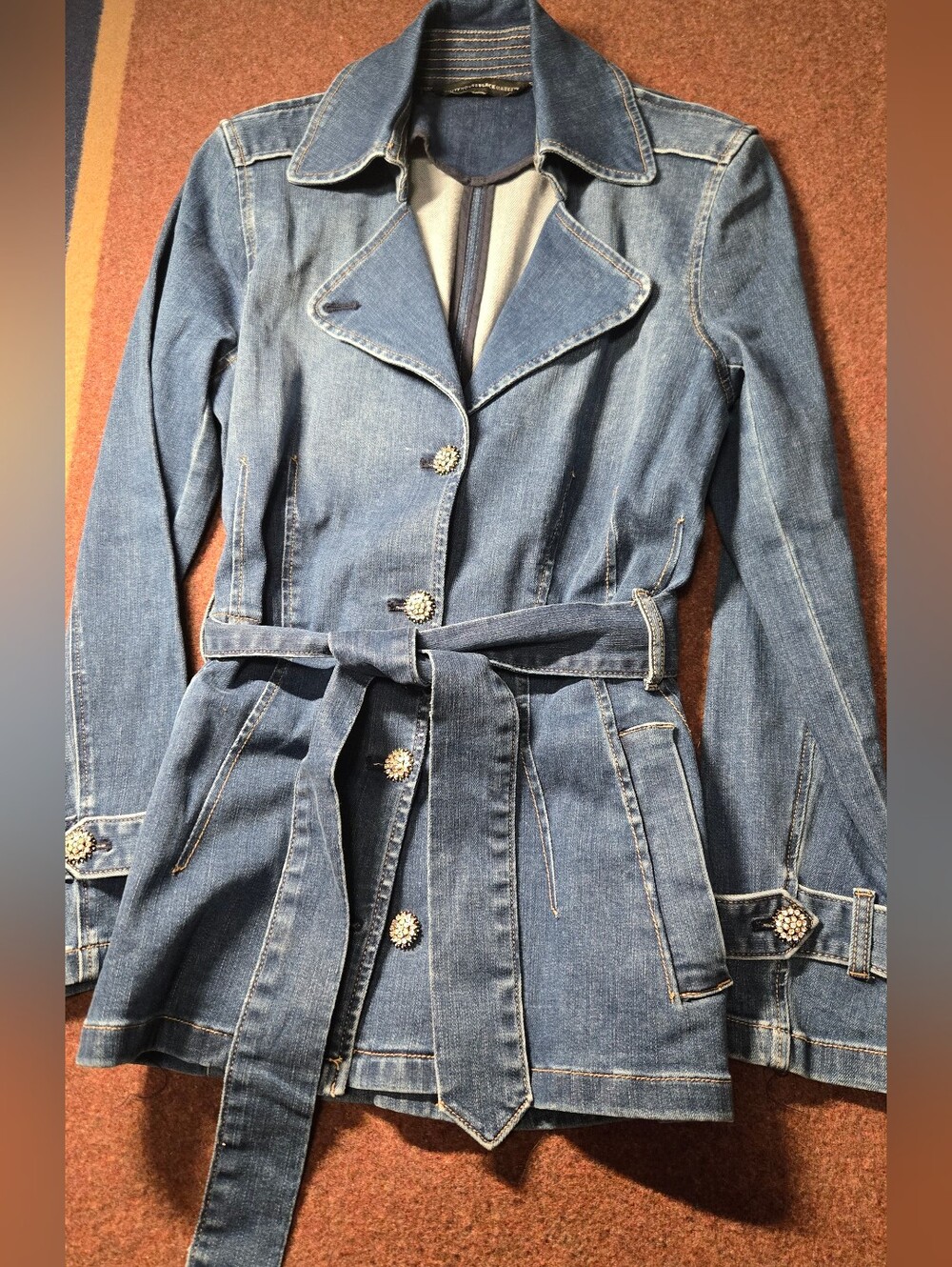 White House Black Market Belted Denim Trench Jacket Rhinestone Buttons Size Med